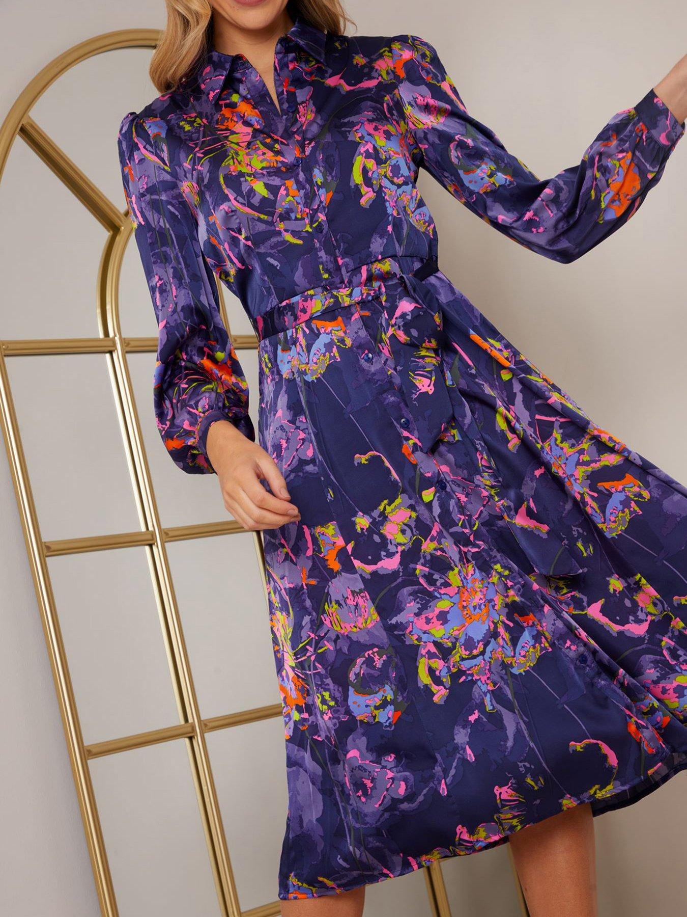 Chi Chi London Long Sleeve Neon Abstract Shirt Dress Navy littlewoods