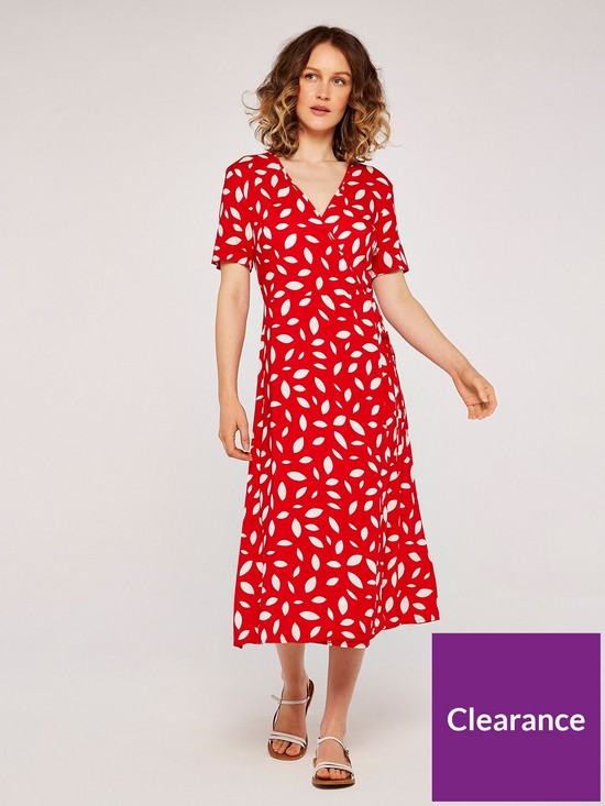 front image of apricot-falling-leaves-wrap-midi-dress-red