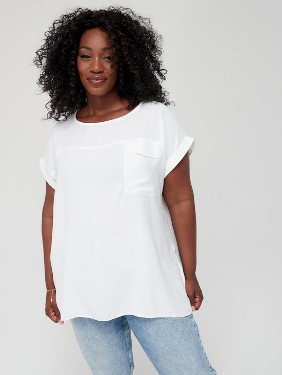 front image of v-by-very-curve-woven-roll-sleeve-pocket-t-shirt-white