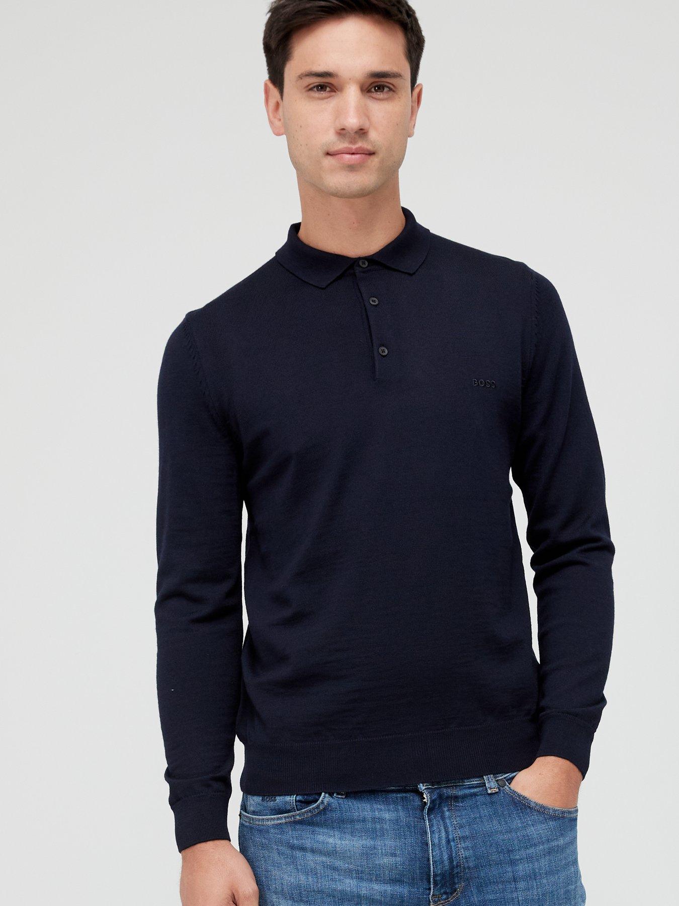 BOSS Bono Long Sleeve Knitted Polo Shirt - Dark Blue