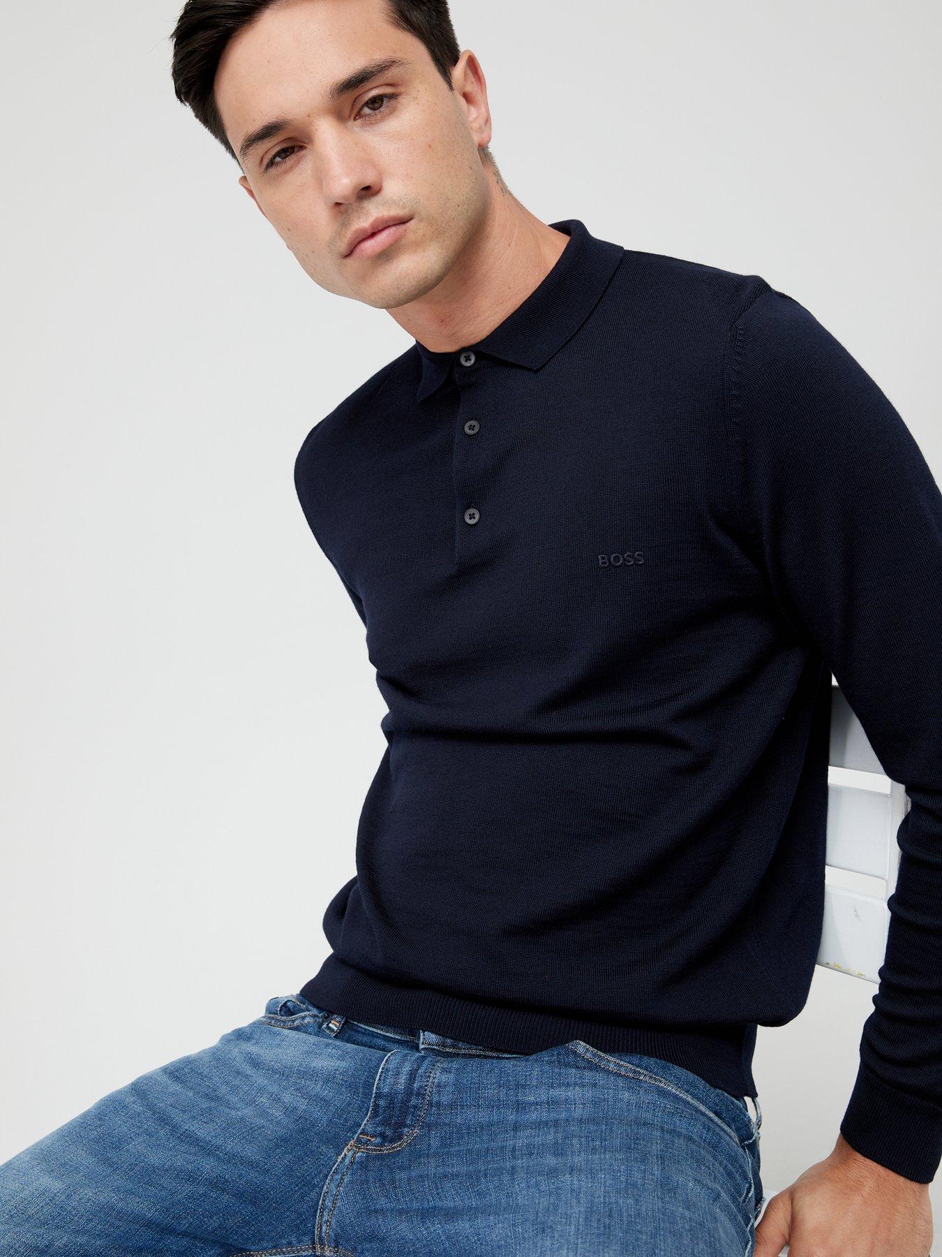  image of boss-bono-long-sleeve-knitted-polo-shirt-dark-blue