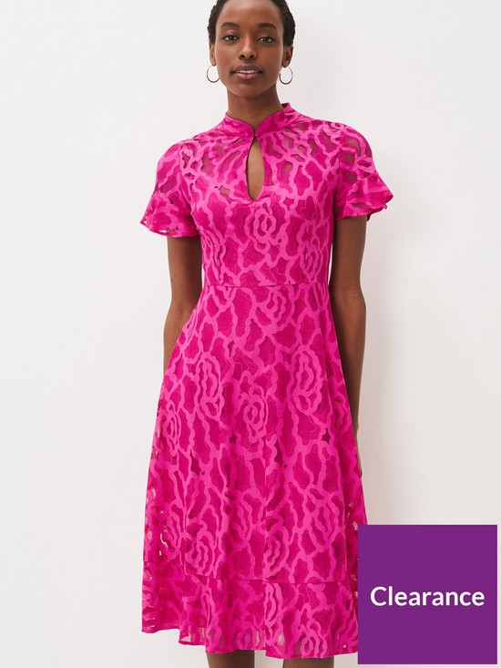 front image of phase-eight-lulu-lace-dress-magenta-pink