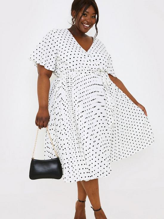 front image of in-the-style-curve-jac-jossa-white-polka-dot-print-pleated-wrap-midi-dress