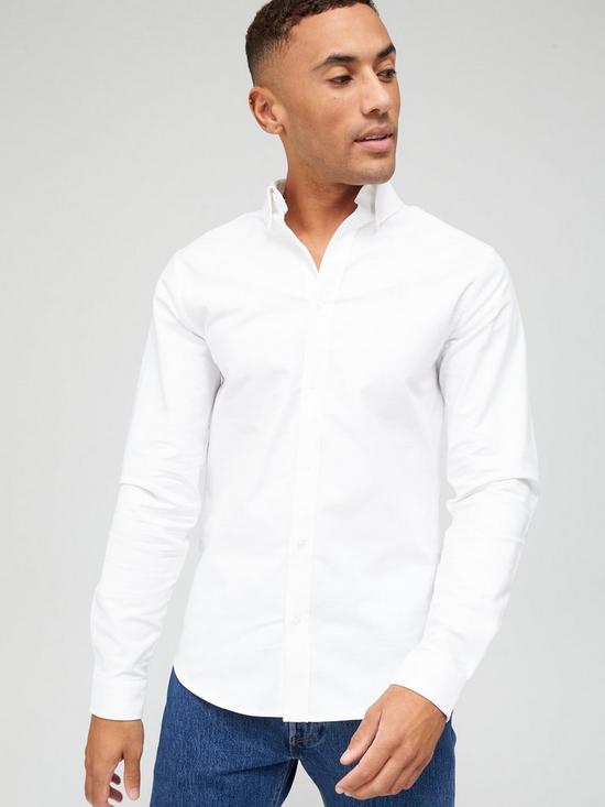 front image of river-island-long-sleeve-emb-slim-oxford-shirt-white