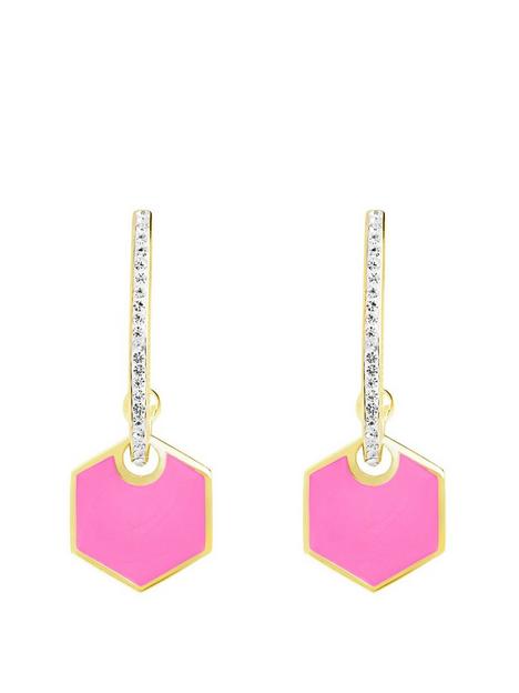 the-love-silver-collection-sterling-silver-gold-plated-pink-enamel-crystal-hexagon-stud-earrings