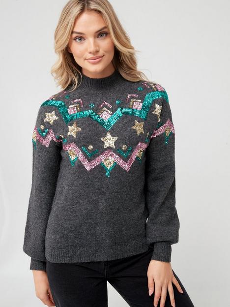 v-by-very-knitted-fairisle-sequin-funnel-neck-jumper-grey
