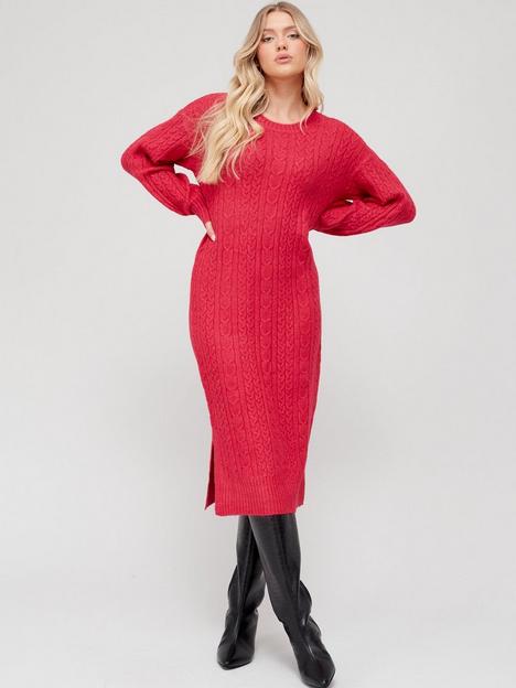 v-by-very-knitted-cable-knit-crew-neck-dress-berry