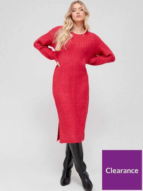front image of v-by-very-knitted-cable-knit-crew-neck-dress-berry