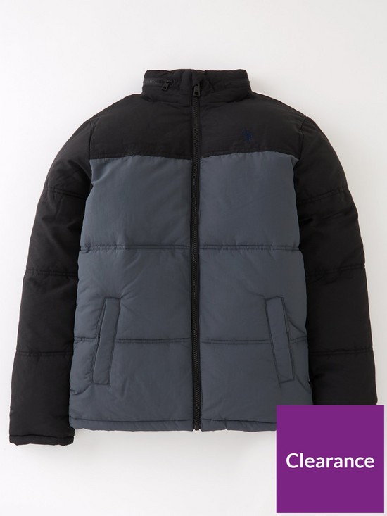 front image of us-polo-assn-boys-colour-block-padded-jacket-blackgrey