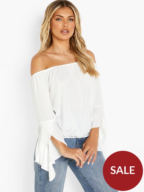 front image of boohoo-fluted-frill-sleeve-off-the-shoulder-top-white