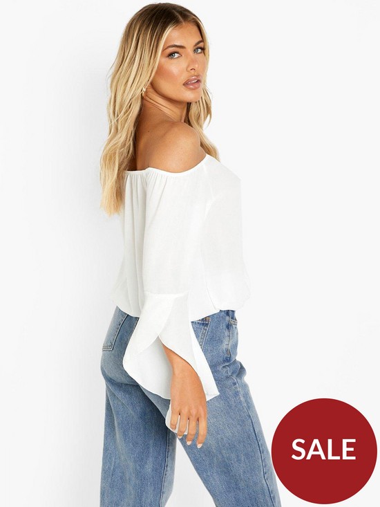 stillFront image of boohoo-fluted-frill-sleeve-off-the-shoulder-top-white