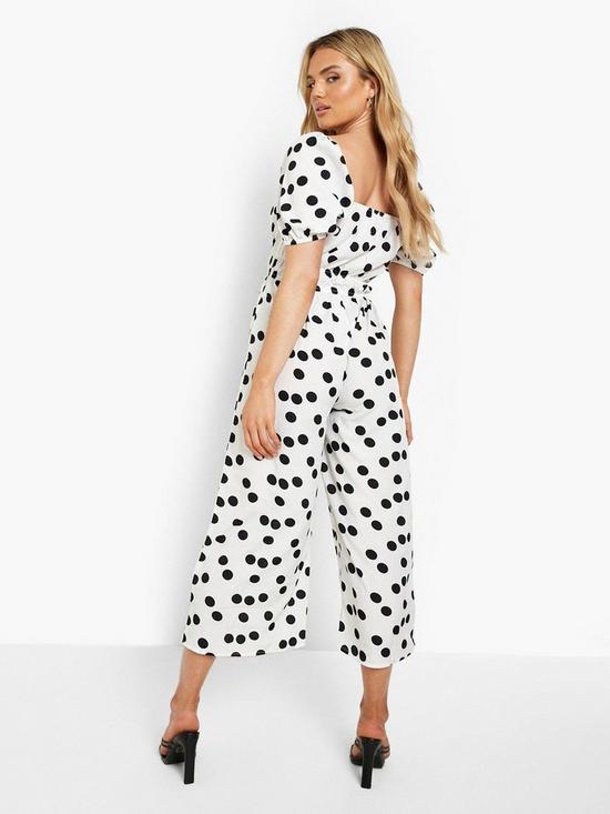 stillFront image of boohoo-polka-tie-front-puff-sleeve-culotte-jumpsuit