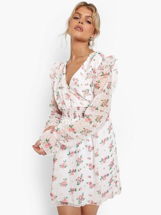 front image of boohoo-floral-dobby-shirred-skater-dress-white