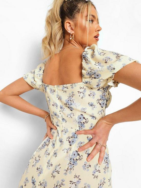 stillFront image of boohoo-floral-puff-sleeve-button-front-mini-dress-cream