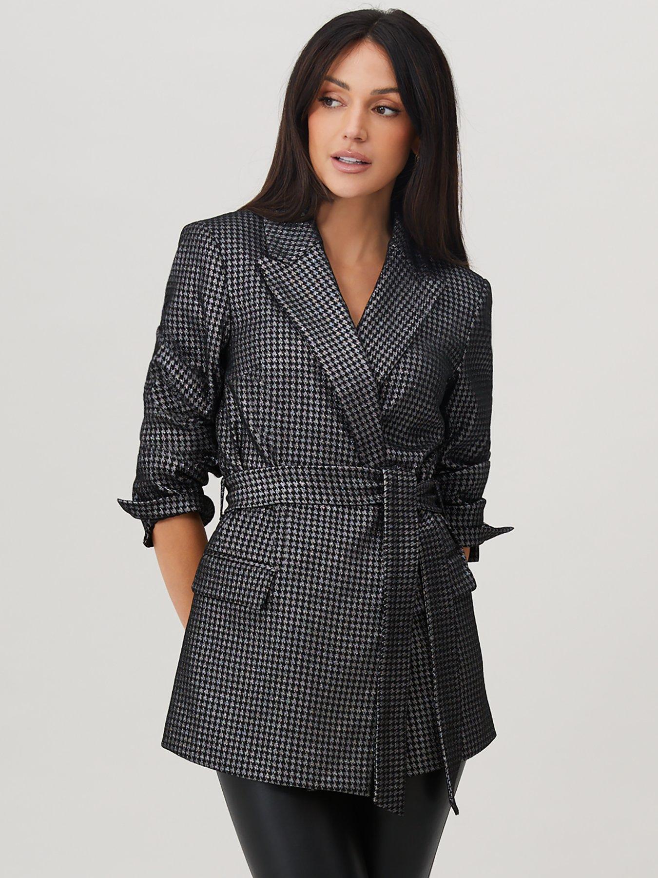  image of michelle-keegan-metallic-textured-tie-waist-blazer-silvernbsp