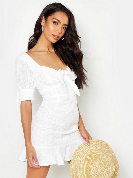 front image of boohoo-knot-front-broderie-anglais-mini-dress-ivory