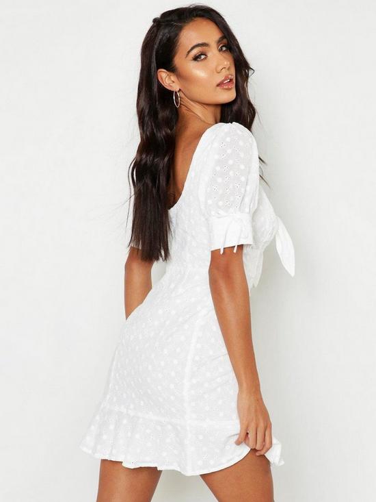 stillFront image of boohoo-knot-front-broderie-anglais-mini-dress-ivory