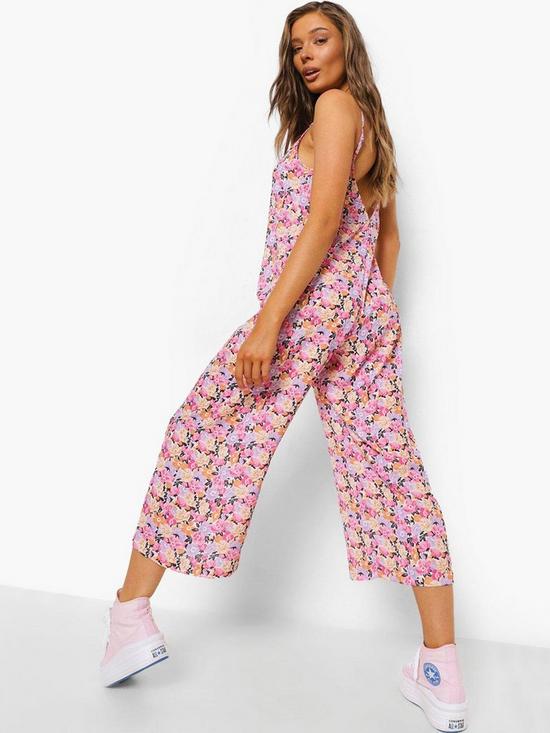 stillFront image of boohoo-floral-strappy-culotte-jumpsuit-white