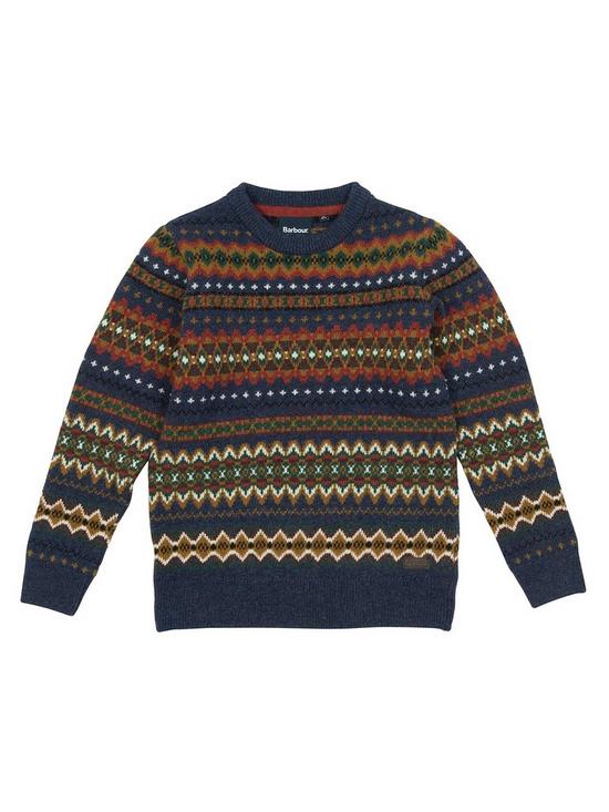 front image of barbour-boys-case-fairisle-crew-neck-knitted-jumper-navy-marl