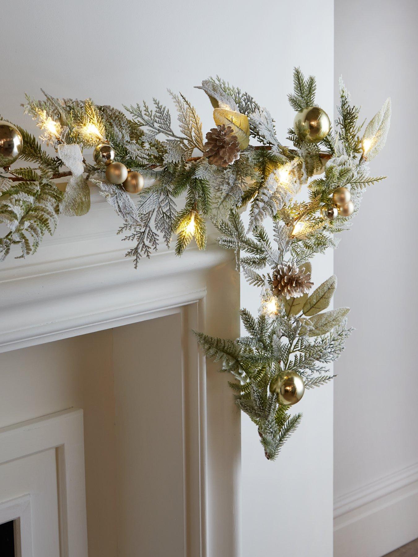 undefined Frosted Pre-Lit Christmas Garland with Baubles and Pinecones