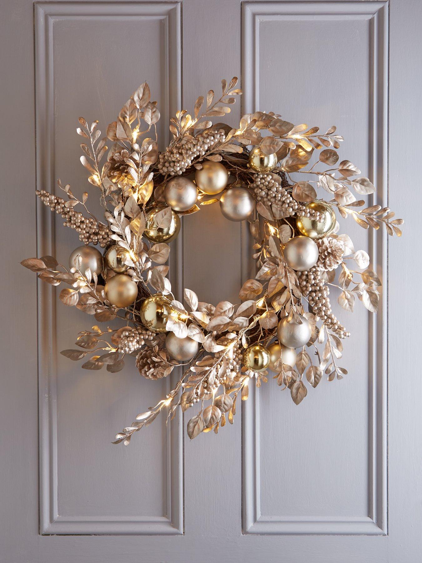 undefined Champagne Gold Pre-Lit Christmas Wreath - 60 cm
