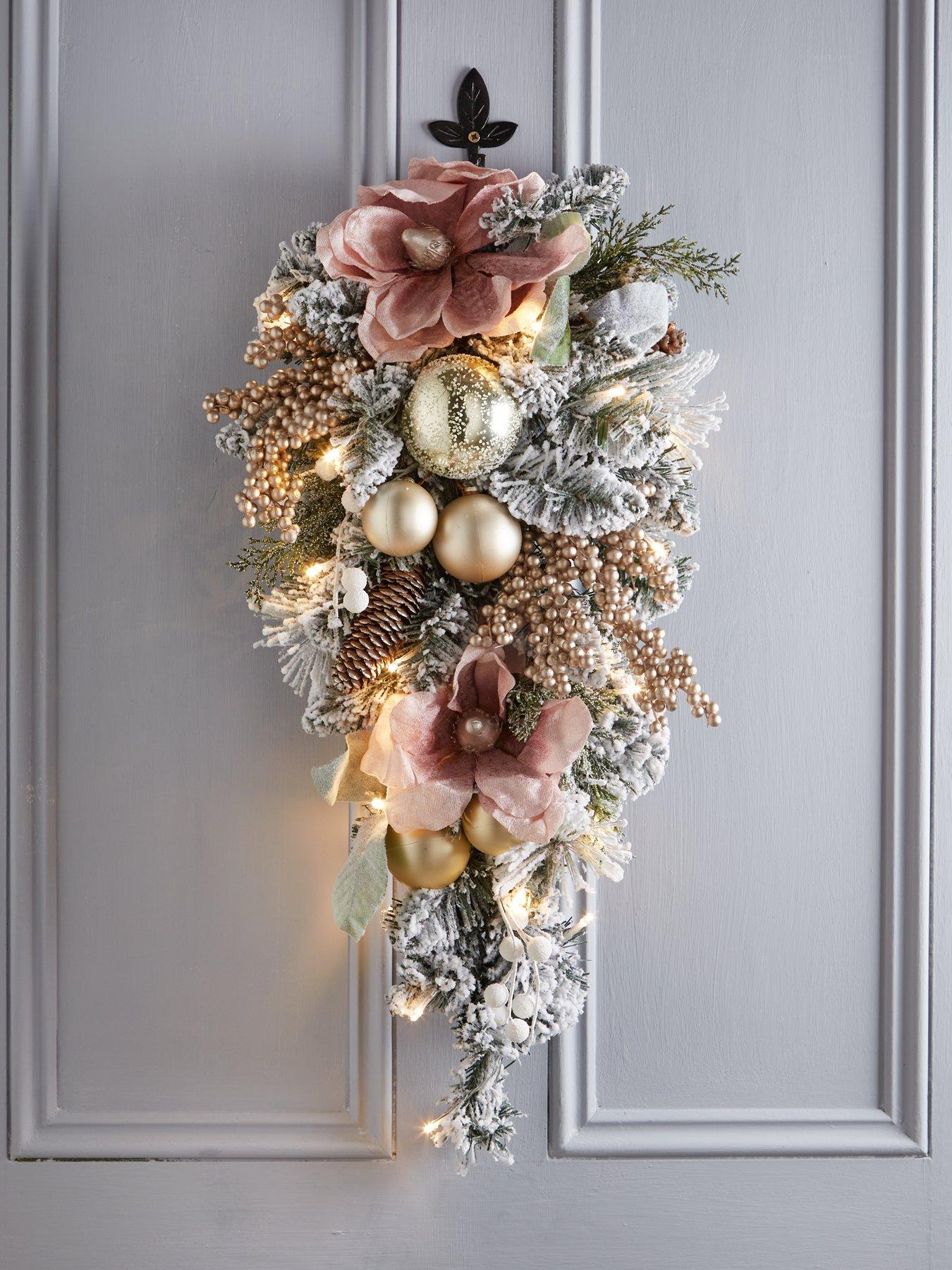 undefined Frosted Rose Pre-Lit Teardrop Christmas Wreath - 70 x 26.7 cm