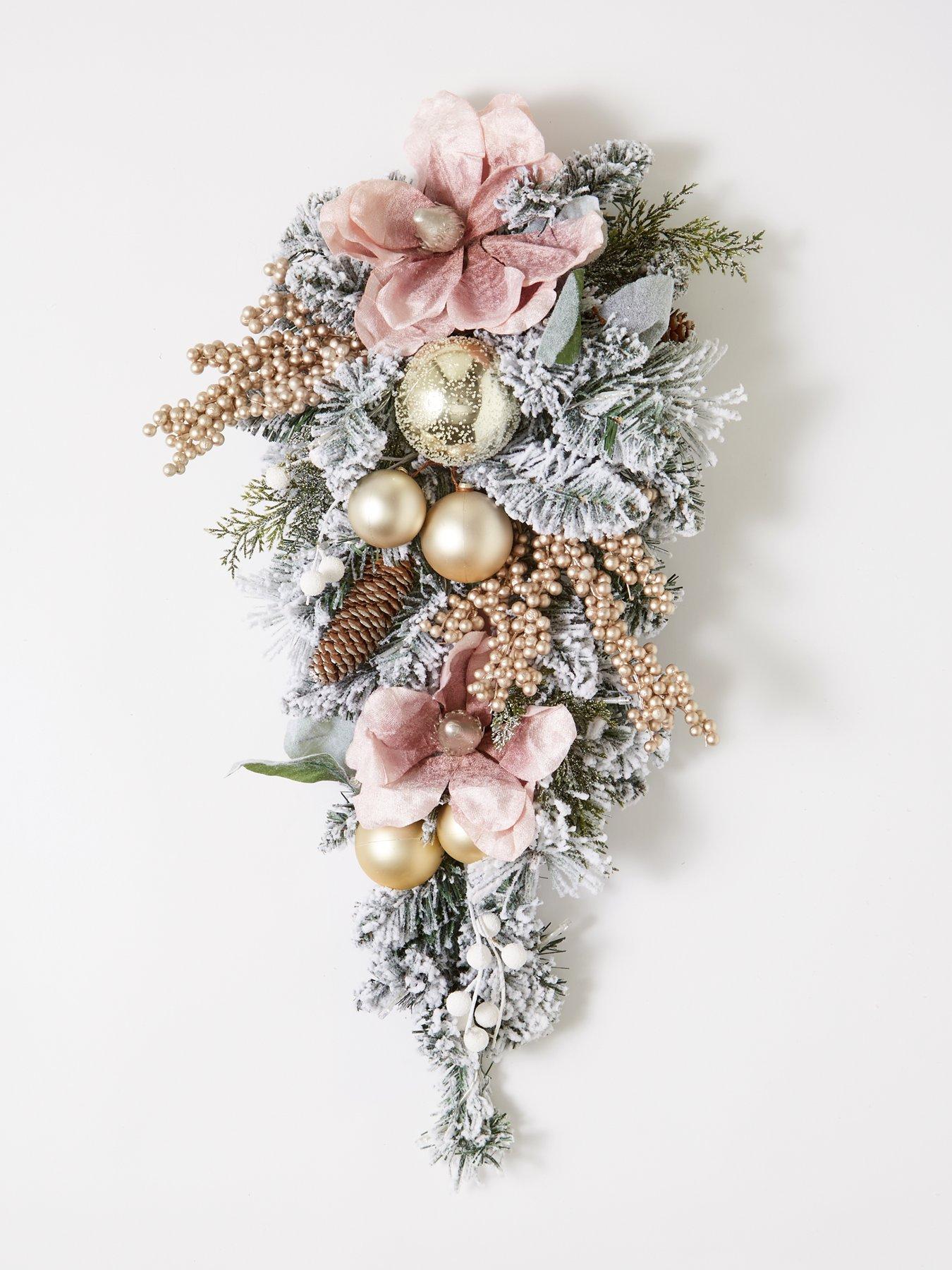 Frosted Rose PreLit Teardrop Christmas Wreath 70 x 26.7 cm