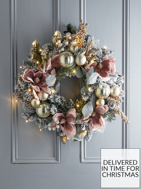 very-home-frosted-rose-pre-lit-christmas-wreath-60-cm