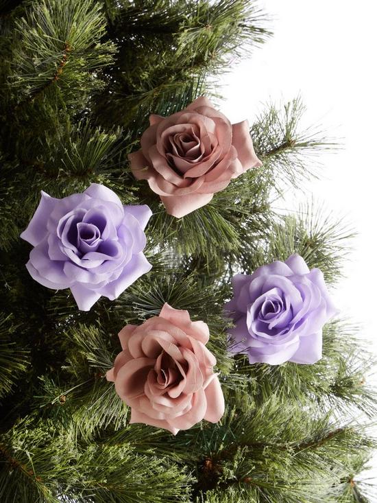 front image of set-of-6-pink-and-lilac-clip-on-christmas-tree-roses