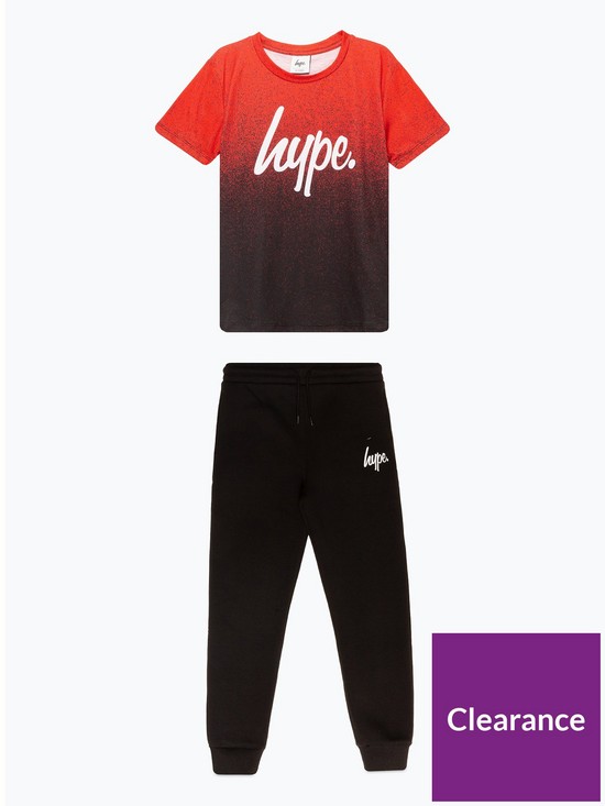 front image of hype-boys-red-black-fade-script-tee-and-joggers