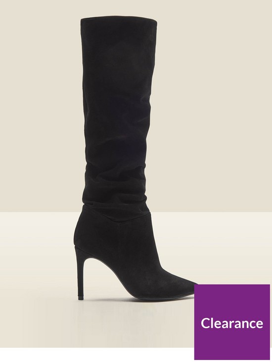 front image of sosandar-belle-black-suede-heeled-slouch-high-leg-boot