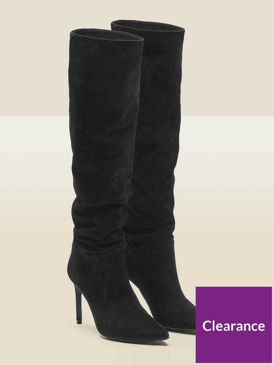 back image of sosandar-belle-black-suede-heeled-slouch-high-leg-boot