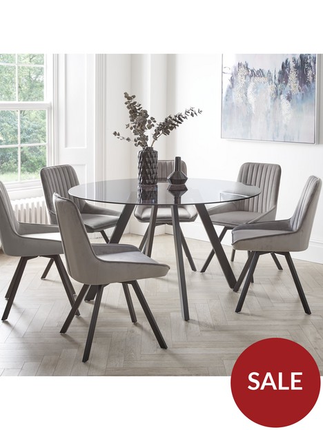 very-home-triplo-130-cm-round-glass-top-dining-table-6-chairs-blackgrey