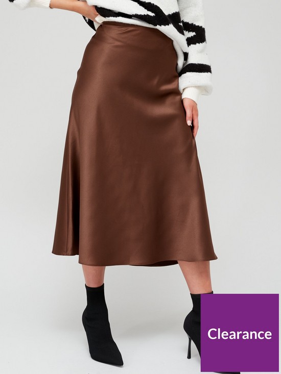 front image of v-by-very-bias-cut-midi-skirt-brown