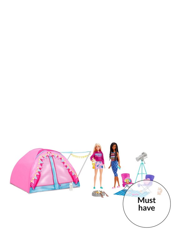 front image of barbie-lets-go-camping-tent-playset-dolls-and-accessories