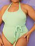  image of in-the-style-curve-billie-faiers-green-crinkle-tie-belted-swimsuit
