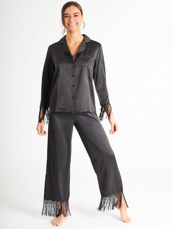 front image of loungeable-satin-long-sleeve-fringe-cuff-shirt-amp-fringe-hem-long-pant-pj-set-black