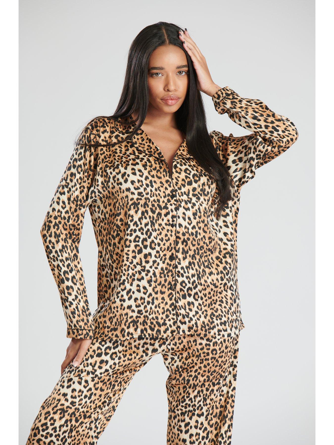  image of loungeable-traditional-long-sleeve-long-pants-set-leopard-print