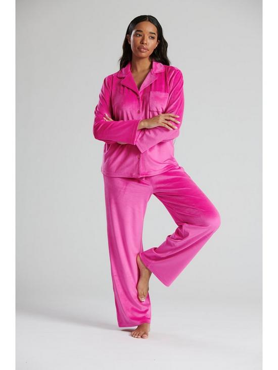 front image of loungeable-super-softnbspvelour-traditional-top-and-long-pant-pyjamas-pink