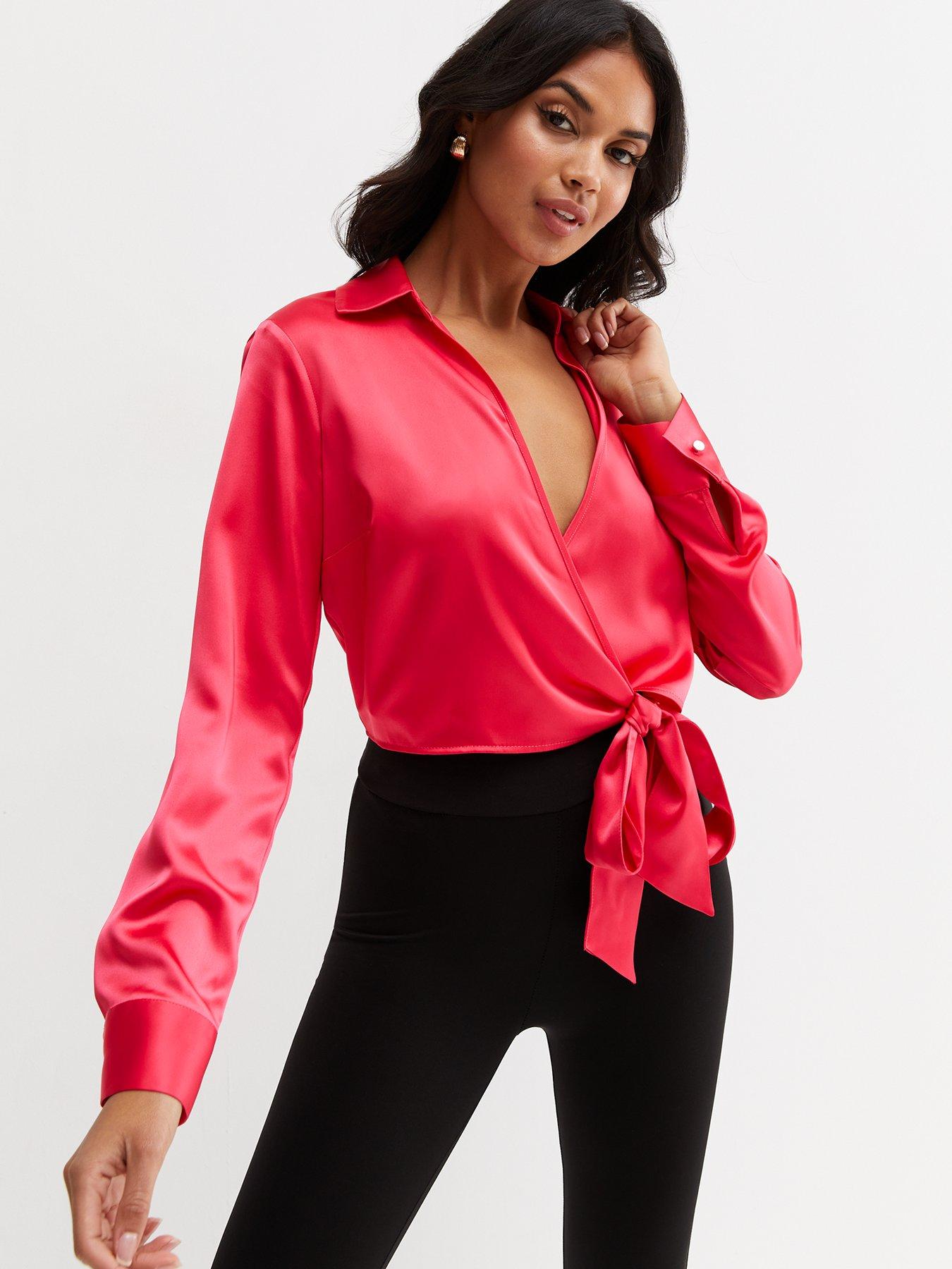 New Look Bright Pink Satin Wrap Tie Side Shirt littlewoods