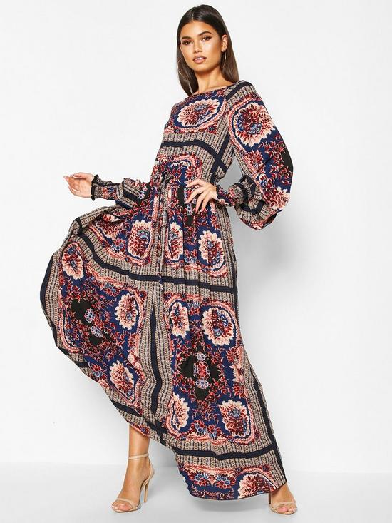 front image of boohoo-shirred-waist-scarf-print-maxi-dress