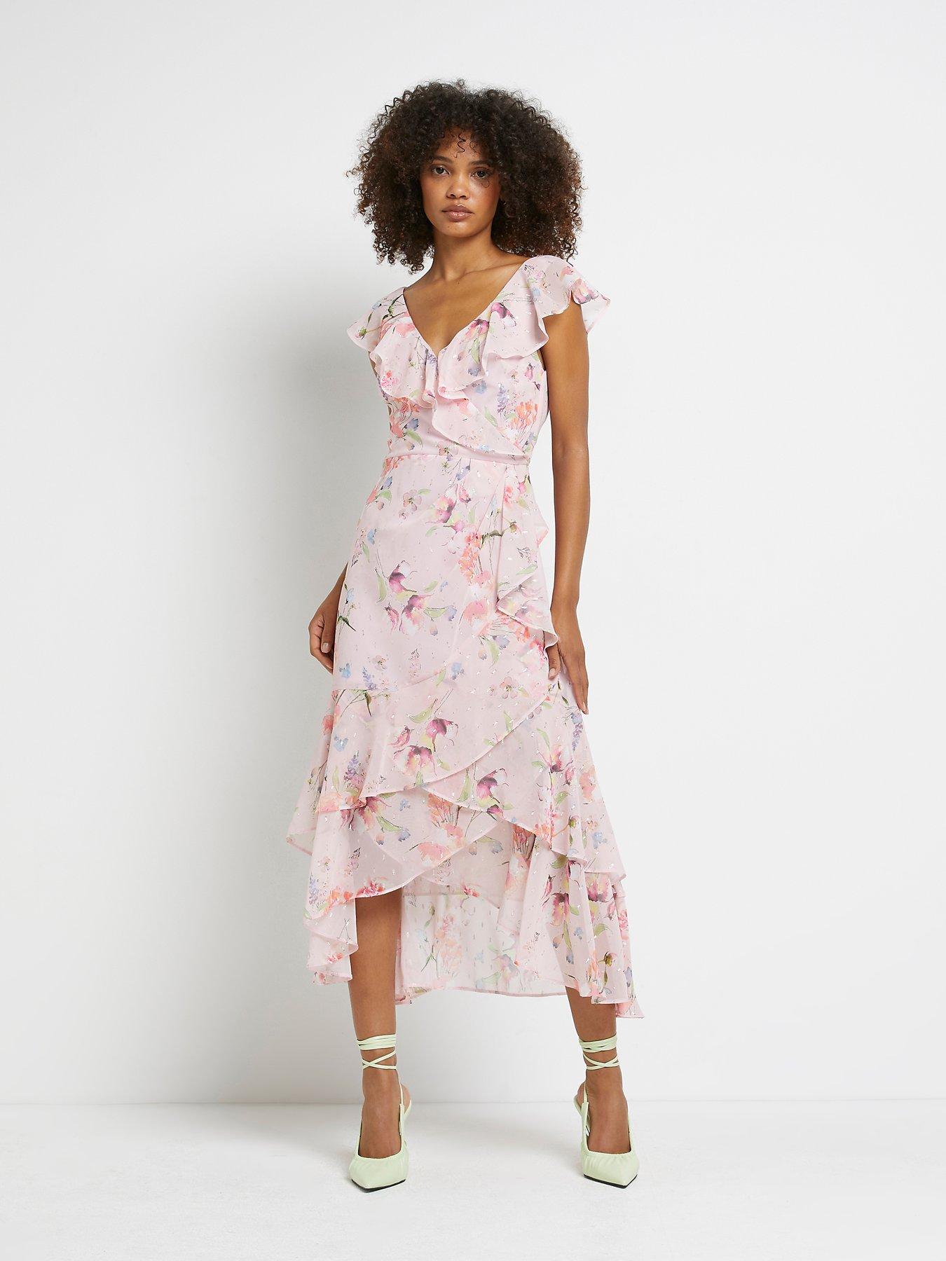 River Island Floral Frill Wrap Midi Dress Pink littlewoods