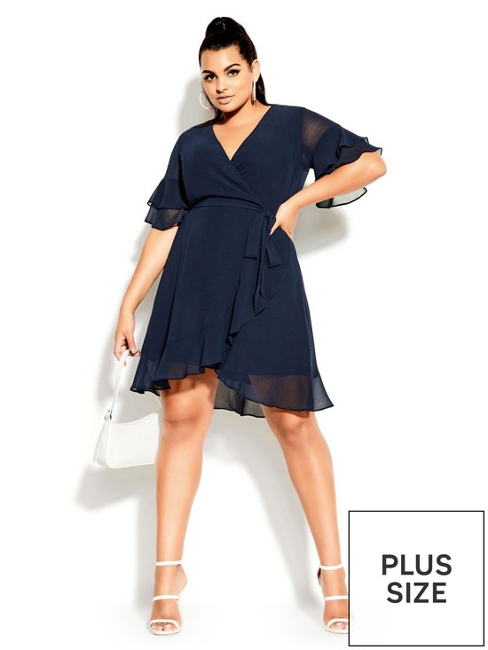 front image of city-chic-flutter-frill-dress-navy