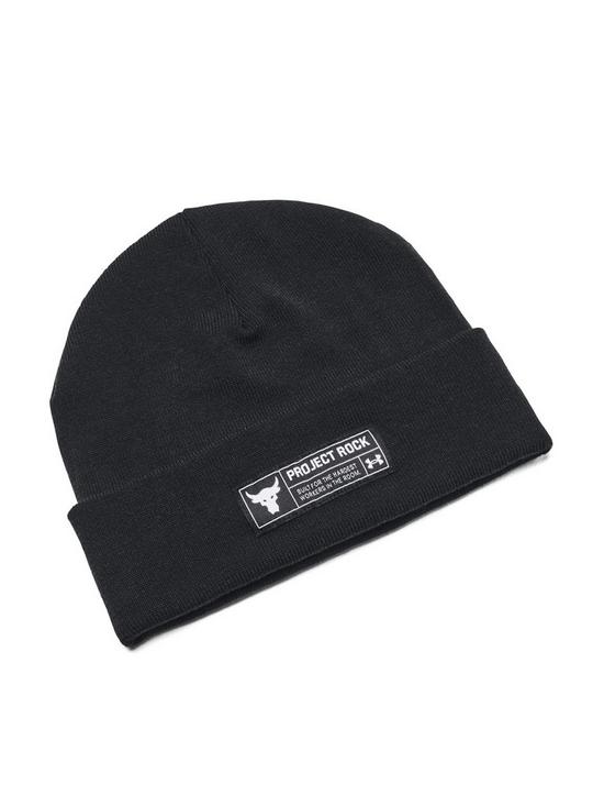 front image of under-armour-training-project-rock-beanie-black