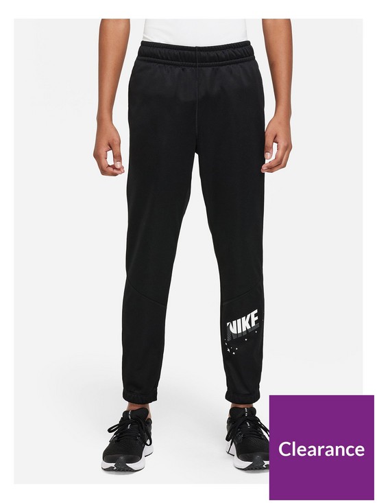 front image of nike-older-boys-therma-tapered-joggers-black