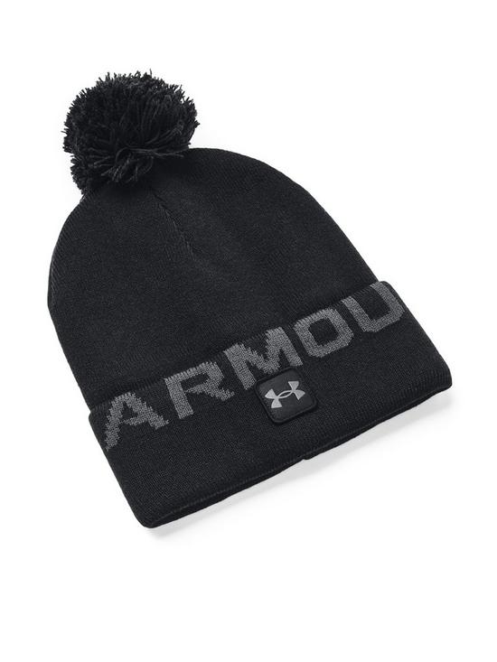 front image of under-armour-training-halftime-fleece-pom-beanie-hat-black