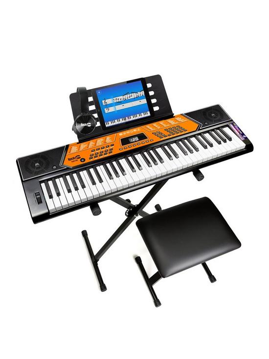 front image of rockjam-6150-61-key-keyboard-piano-kit-with-pitch-bend-keyboard-bench-digital-piano-stool-lessons-and-headphones