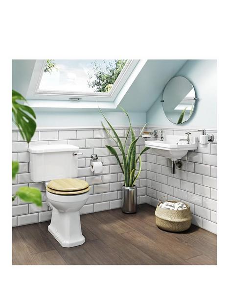 the-bath-co-cloakroom-suite-with-oak-soft-close-seat-and-wall-hung-basin-with-waste-and-bottle-trap
