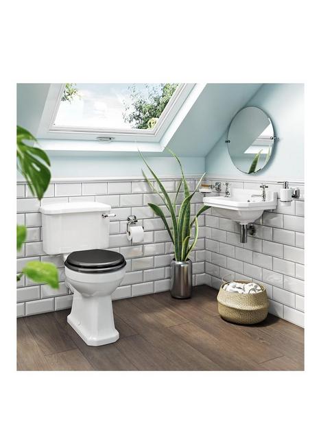the-bath-co-cloakroom-suite-with-black-soft-close-seat-and-wall-hung-basin-with-waste-and-bottle-trap