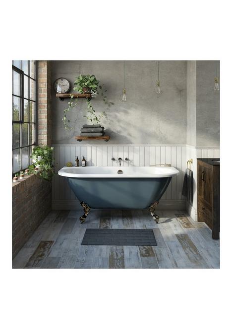 the-bath-co-blue-back-to-wall-freestanding-bath-with-waste-and-antique-bronze-feet-ndash-150-x-74-cm